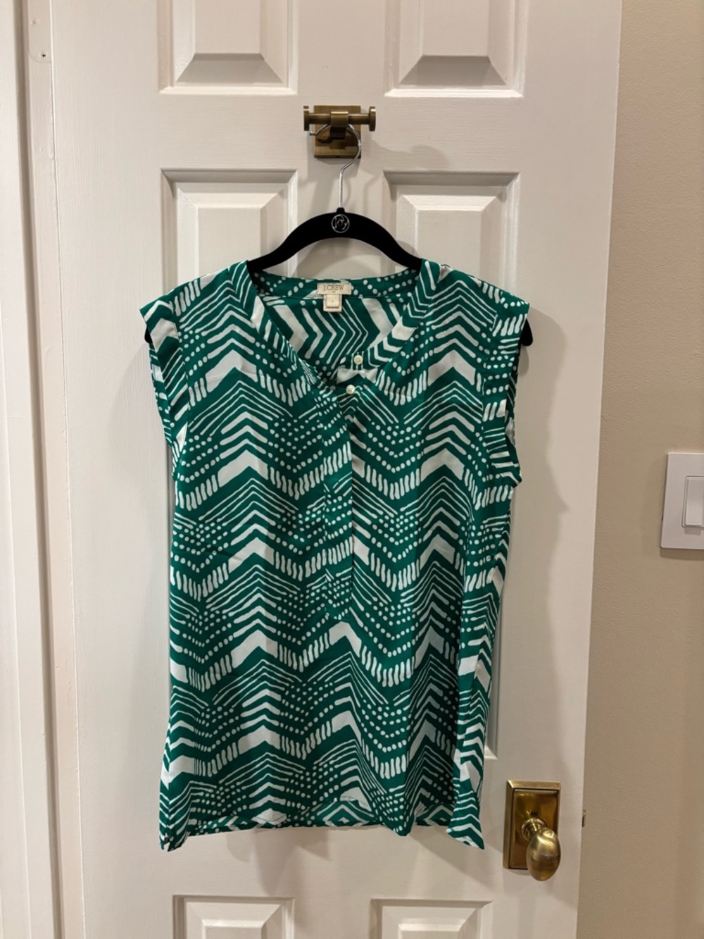 J. Crew Green and White Geometric Cap Sleeve Top